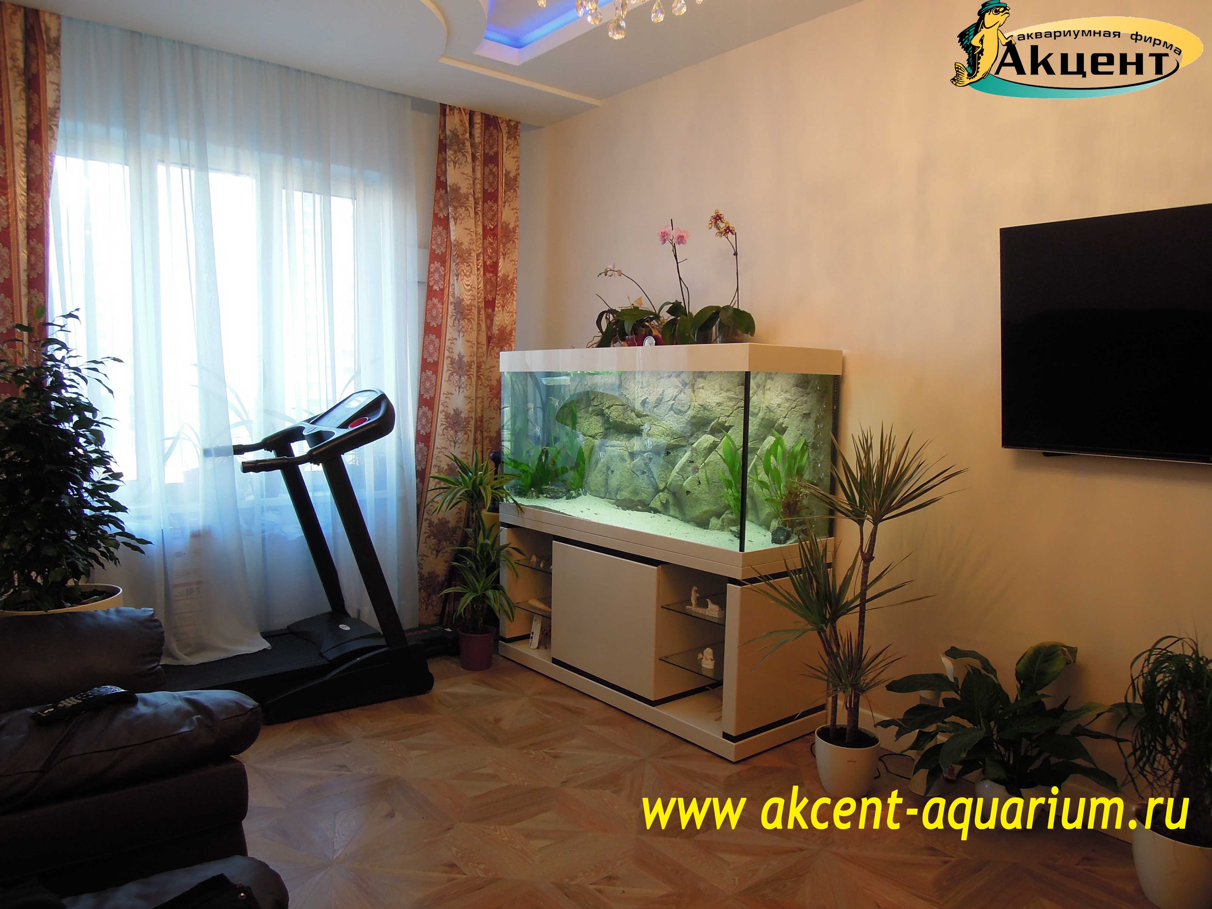 Акцент-аквариум, аквариум 660 литров с объемным фоном, отделка акрил